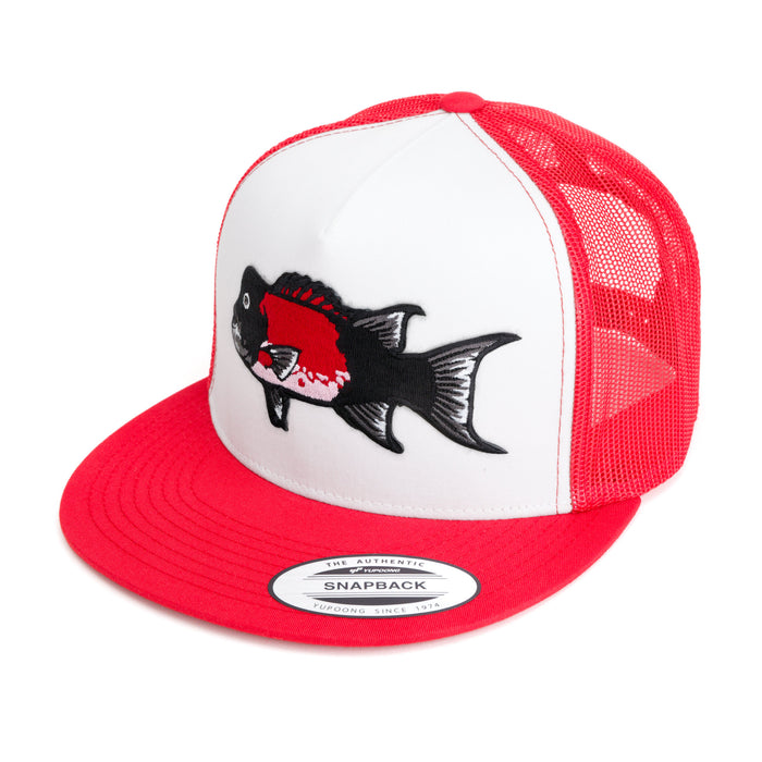HFG - California Sheephead Red/White Snapback Flat Bill Trucker Hat