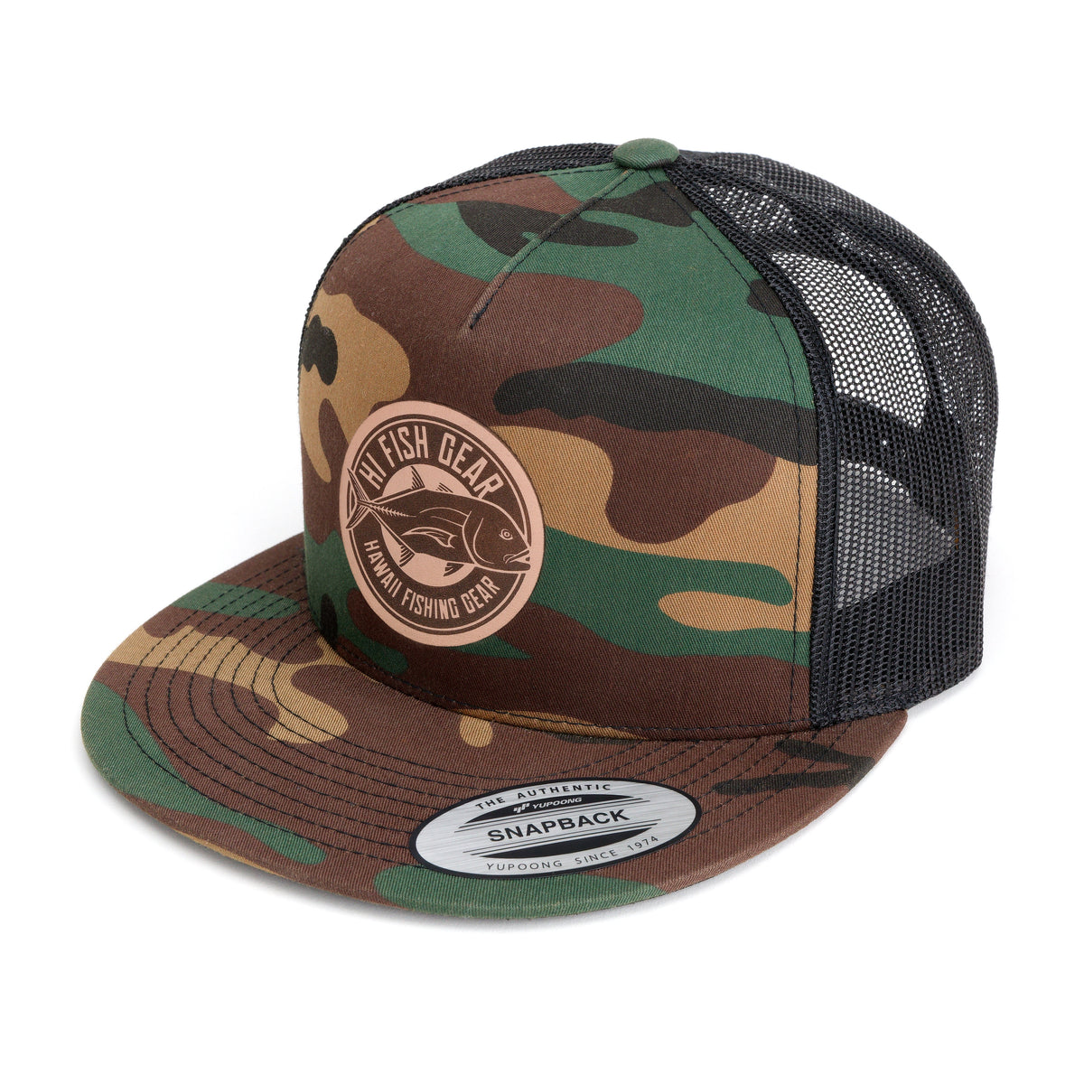 HFG - Ulua Leather Camo/Black Flatbill Trucker Hat — HiFishGear