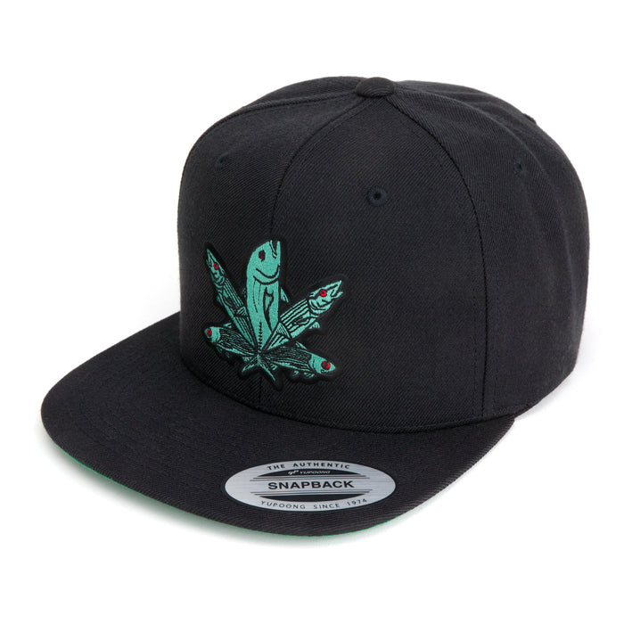 HFG - Green Fish Embroidered Black Snapback Flatbill Hat