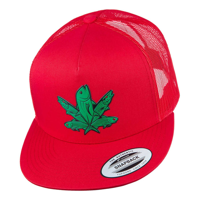 HFG - Green Fish Red Snapback Flatbill Trucker Hat
