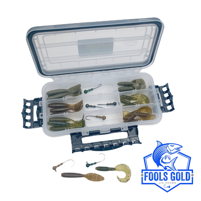 Fools Gold Jigs & Softbait Combo Kit (6 Jigs, 24 Softbaits &  Waterproof Tackle Tray)