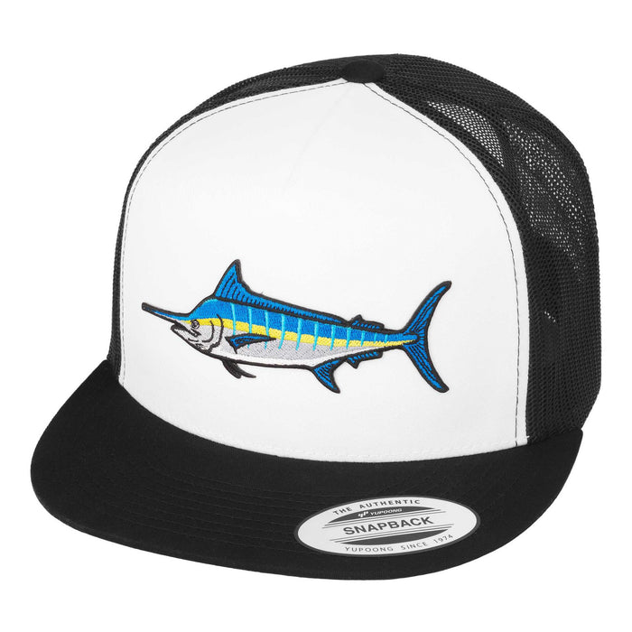 HFG - Marlin Black/White Snapback Flatbill Trucker Hat — HiFishGear